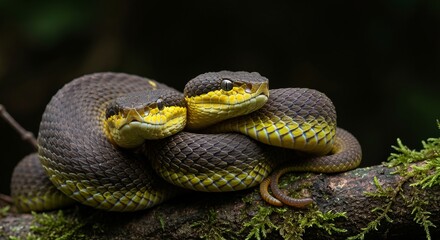 Fototapeta premium Close-up of a yellow white-lipped pit viper coiled on a mossy branch, white lip stripe and heat-sensing pits visible, shallow depth of field, dramatic rim lighting
