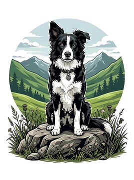 Border collie sitting on a rock in a mountain landscape