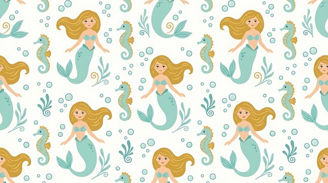 Cute mermaid and seahorse seamless pattern on white background