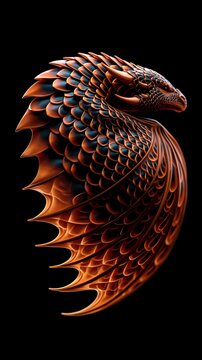 Side profile view of copper colored fantasy dragon head with detailed overlapping armored scales against solid black background, mythical creature art