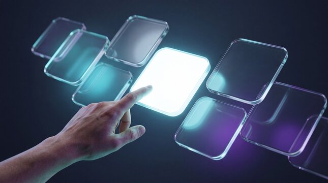 Person selecting illuminated glowing glass card panel interface in modern futuristic virtual display technology for seamless data navigation and workflow choices