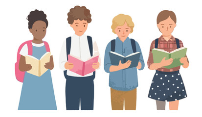 Fototapeta premium Diverse Group of School Students Standing and Reading Books Vector Illustration Isolated on White Background