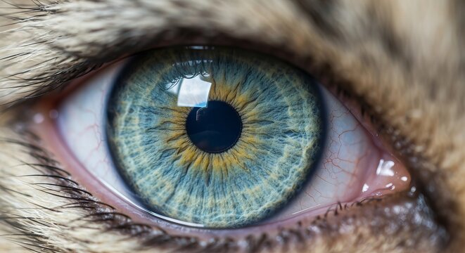 Hyper-real feline eye macro revealing layered pigments and reflective catchlights, moist cornea detail