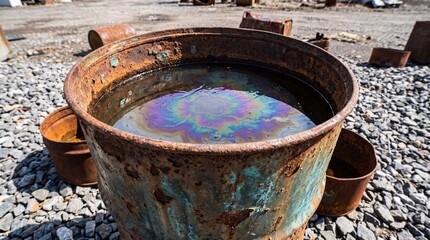 Fototapeta premium Iridescent Oil Slick on Water Inside a Rusty Metal Barrel