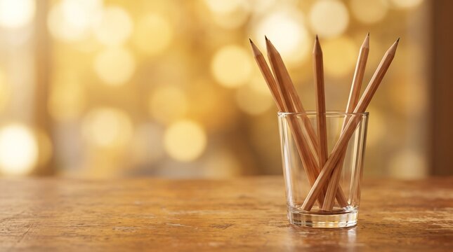 Unsharpened wooden pencils in a clear glass on a rustic wooden table with warm bokeh background.