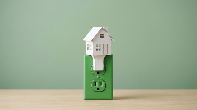 Small paper house model plugged into a green wall electrical outlet