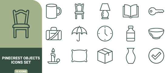 Fototapeta premium Pinecrest icons set featuring fifteen green outline symbols of household furniture, and daily use on white and dark green backgrounds
