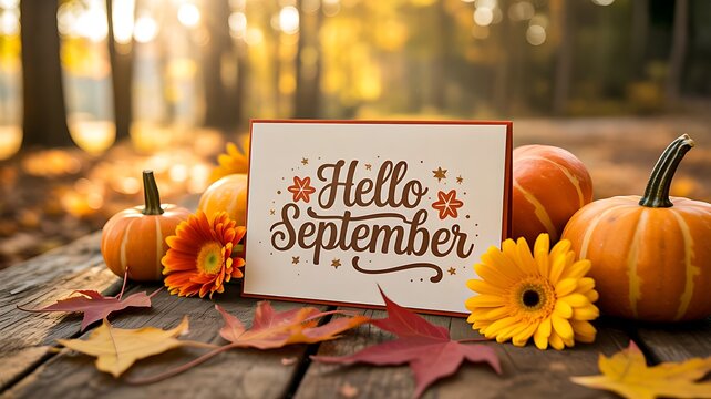 Hello september sign with pumpkins and sunflower in beautiful autumn forest