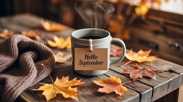 Hello september coffee mug with autumn leaves on rustic wooden table