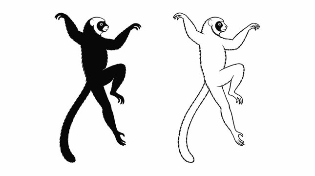 Lemur silhouette icons in jumping pose, black and white vector set