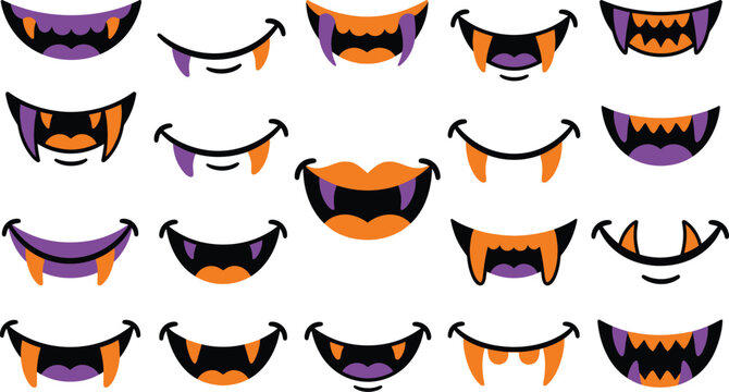 Collection of scary monster and vampire mouths for halloween costume masks and creative party design projects