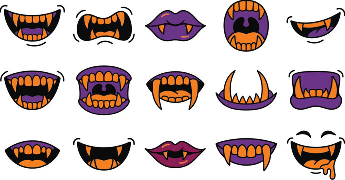 Collection of spooky halloween mouth stickers featuring vampire fangs and scary monster smiles for festive costume decorations