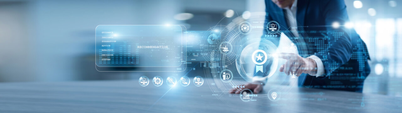 Analyst hand touch RECOMMENDATION engine optimizing product network and user suggestions. Data driven insights personalize customer journeys and boost engagement across digital platforms.
