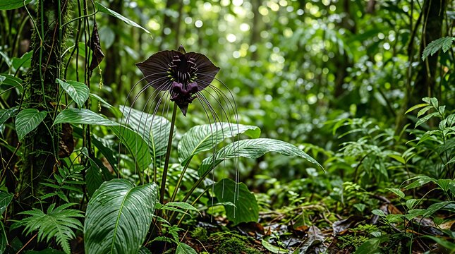 Exotic dark purple Tacca flower blooming in the deep tropical rainforest.