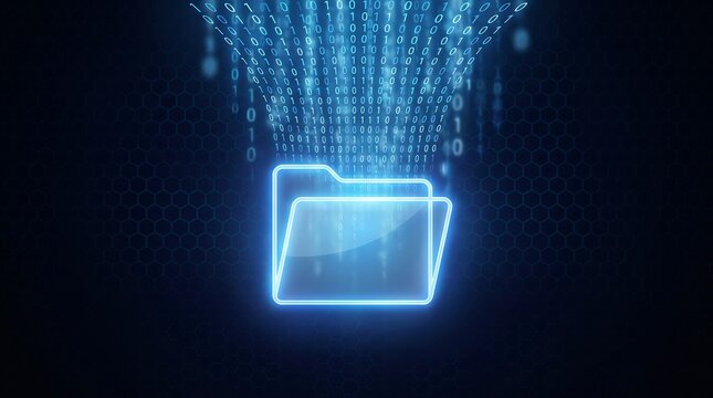 Digital file folder icon glowing with binary code data stream background representing cloud storage and secure information management in modern computing architecture