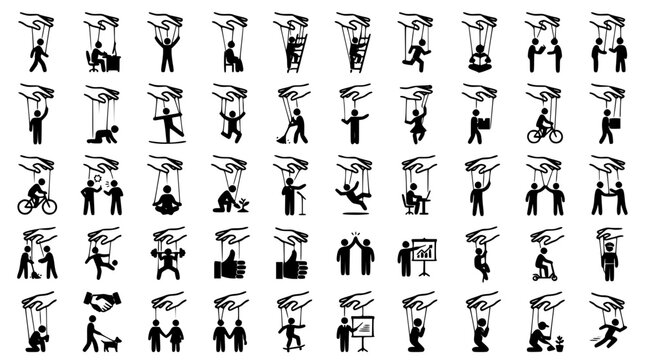 Puppet Master Controlling Everyday People Activities Silhouette Icon Set for Psychological Manipulation Business Strategy and Corporate Control Concepts Vector Graphic Designs