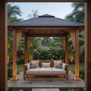 An open-air garden gazebo with a comfortable teak wood sofa, surrounded by lush tropical palm trees and ambient lighting