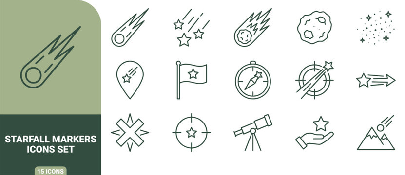 Starfall markers icon set featuring falling stars, comets, asteroids, telescope, and space symbols in green outline style