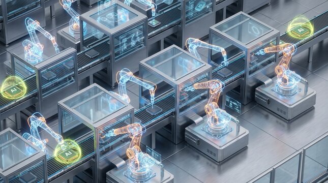 Smart factory robotic assembly line producing advanced electronic components with high tech robotics automation manufacturing industry production technology electronics assembly engineering