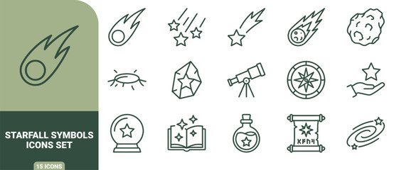 Starfall symbols icon set featuring meteors, shooting stars, a crystal ball, a telescope, and magical scrolls in dark green outline style © Gra-fix PNG