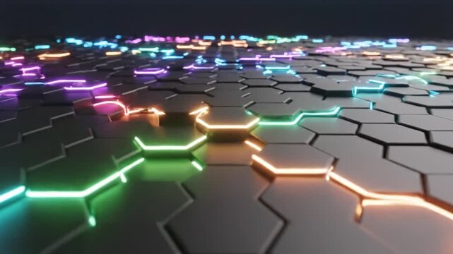 Honeycomb structure features interlocking hexagonal geometric tiles illuminated by vibrant multi-colored neon light strips, representing high-tech digital connectivity and futuristic data network.