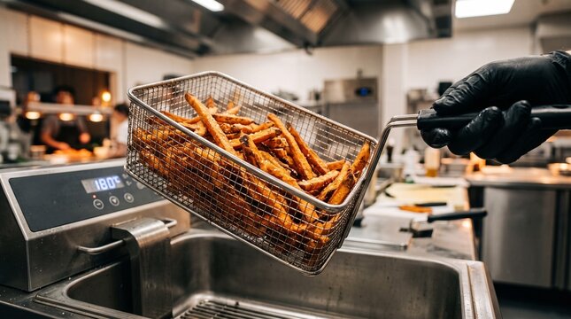 Macro shot of crispy sweet potato fries in commercial kitchen air fryer with negative copy space for menu design.