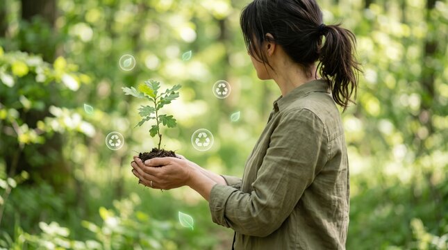 Woman holding young sapling in forest environment surrounded by recycling icons, symbolizing environmental conservation, sustainability, and ecological protection efforts.