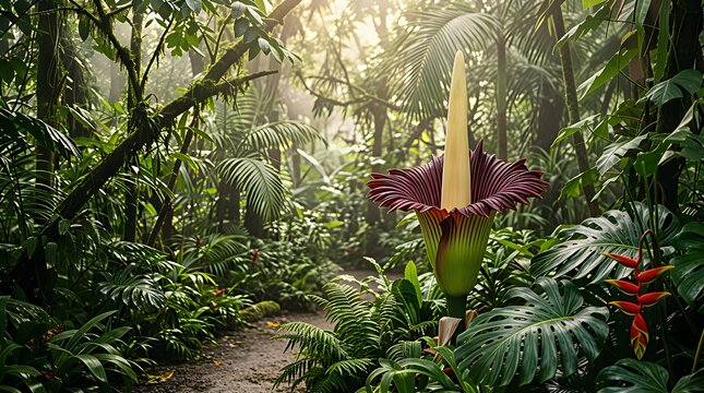 Stunning Titan Arum Corpse Flower blooming in a lush tropical rainforest environment.