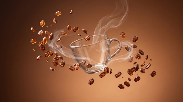 Roasted coffee beans flying around a clear glass cup with steam rising, aromatic beverage, dynamic motion shot on brown, caffeine energy morning routine, fresh hot drink