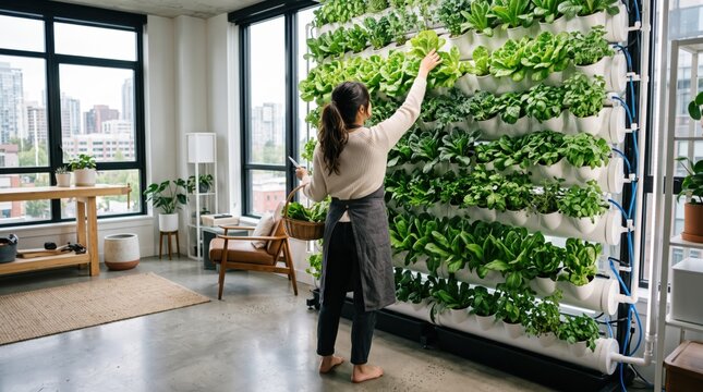 Woman harvesting fresh green lettuce from a large indoor vertical hydroponic garden system in a modern bright apartment living room, sustainable urban farming, healthy lifestyle