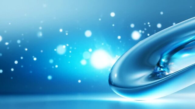 Capsule shape features a translucent blue glass texture that rests on a clean surface while reflecting light surrounded by a field of soft bokeh orbs to represent advanced pharmaceutical solutions.
