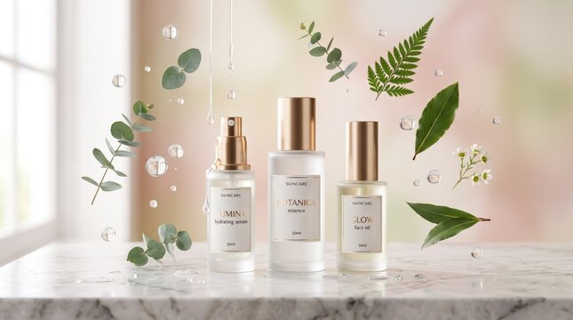 Natural skincare cosmetic products bottles with gold caps arranged on a marble surface, surrounded by floating green leaves, ferns, eucalyptus branches and water droplets