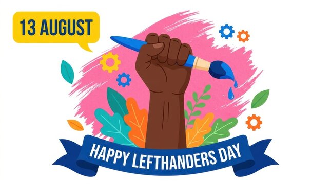 Happy lefthanders day illustration with a raised fist holding a paintbrush, colorful leaves, and gears, celebrating lefthanded people on august 13th