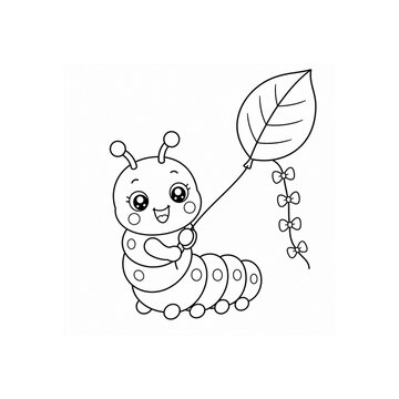 Playful Kawaii Caterpillar Holding a Leaf-Shaped Kite &ndash; Cute Cartoon Insect with Bow-Tailed Kite, Black and White Vector Coloring Page for Kids
