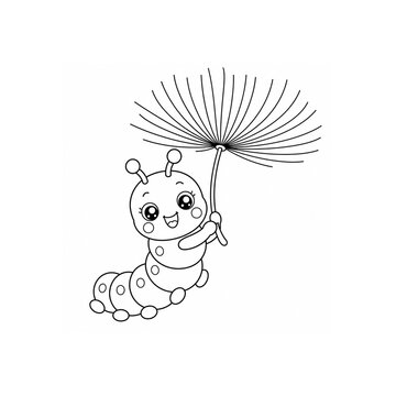 Joyful Kawaii Caterpillar Floating with a Dandelion Seed Parachute &ndash; Cute Cartoon Insect, Black and White Vector Coloring Page for Kids