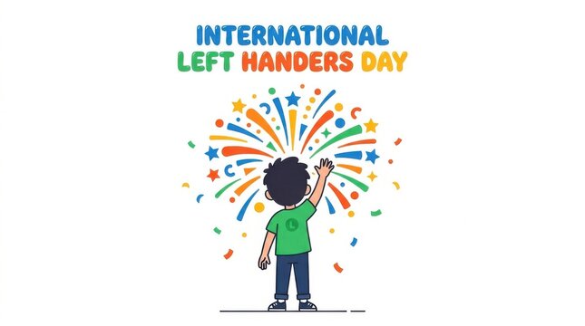 International left handers day illustration with a boy reaching for colorful fireworks isolated on white background