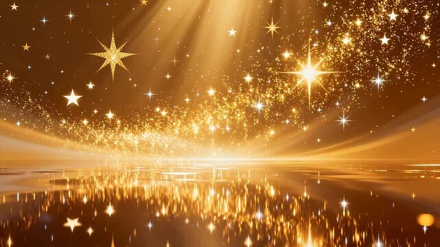 Golden starry sky with water reflection
