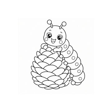 Curious Kawaii Caterpillar Climbing a Giant Pinecone &ndash; Cute Cartoon Insect with Oversized Eyes, Black and White Vector Coloring Page for Kids