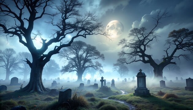 A spooky graveyard scene under a full moon with silhouetted trees and tombstones shrouded in mist, creating an eerie and atmospheric setting for Halloween or horror