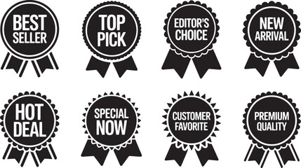 Fototapeta premium Badges, promotional ribbon seals and circular emblems with bold marketing text labels and round tags, award ribbons, and business stickers