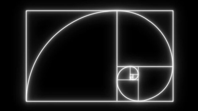 Abstract Glowing neon Illuminated Golden Ratio Fibonacci sequence golden number icon Animation on black background. 4k video