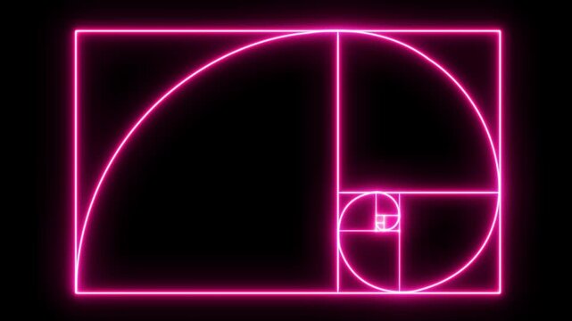 Abstract Glowing neon Illuminated Golden Ratio Fibonacci sequence golden number icon Animation on black background. 4k video