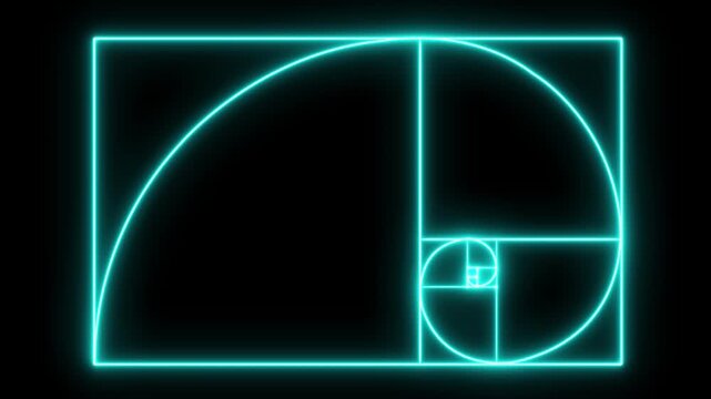 Abstract Glowing neon Illuminated Golden Ratio Fibonacci sequence golden number icon Animation on black background. 4k video