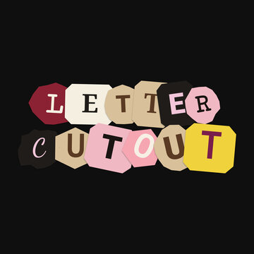 Vintage letter cutout typography, ransom note style paper scraps, colorful collage alphabet letters on black background