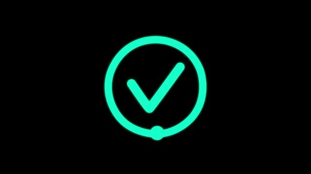 Check Mark icon animation, verified success symbol transparent on black background. 4k video