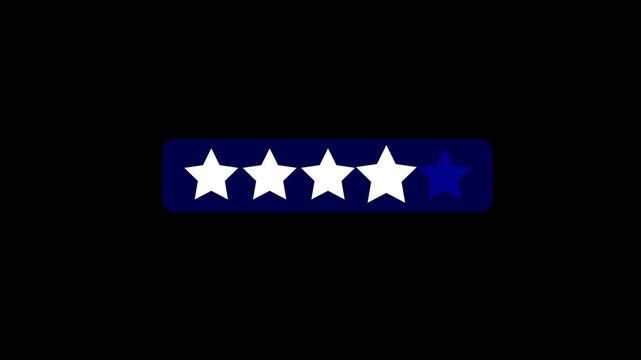 Simple five-star rating system icon animation with white stars filling. Suitable for ratings, reviews customer feedback and testimonial concept on black background, 4k video