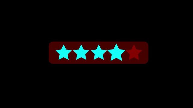 Simple five-star rating system icon animation with cyan stars filling. Suitable for ratings, reviews customer feedback and testimonial concept on black background, 4k video