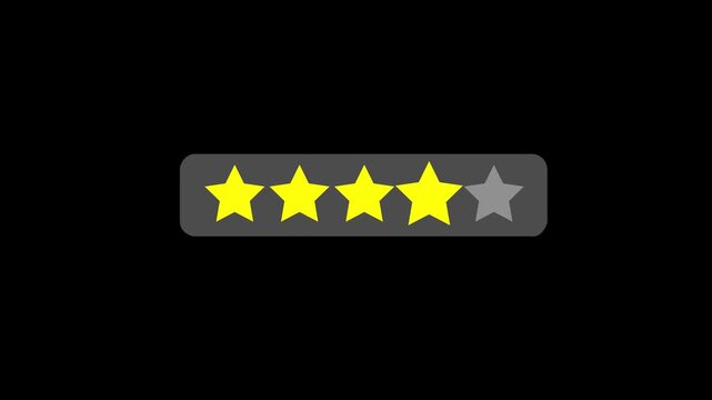 Simple five-star rating system icon animation with yellow stars filling. Suitable for ratings, reviews customer feedback and testimonial concept on black background, 4k video
