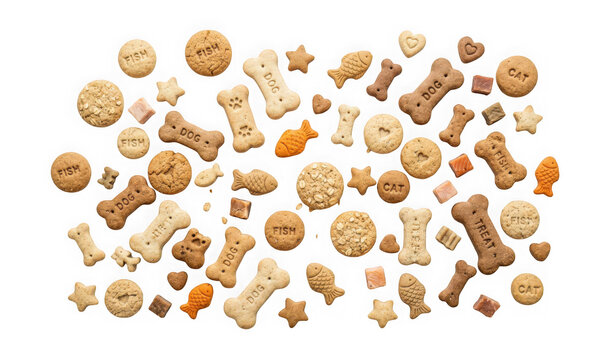 Assorted pet treats including bone, fish, and star shapes isolated on transparent background