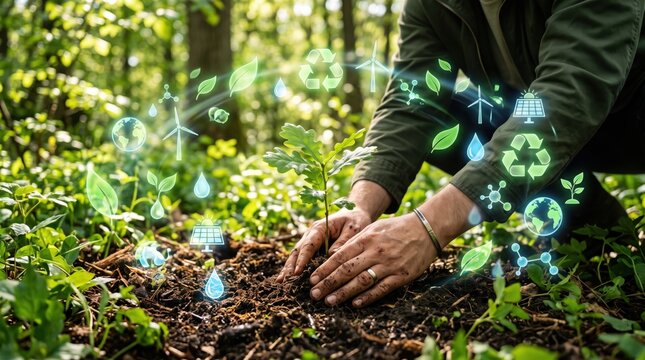 Hands planting young tree sapling in forest soil surrounded by holographic icons of renewable energy, recycling symbols, and ecologys, representing environmental protection